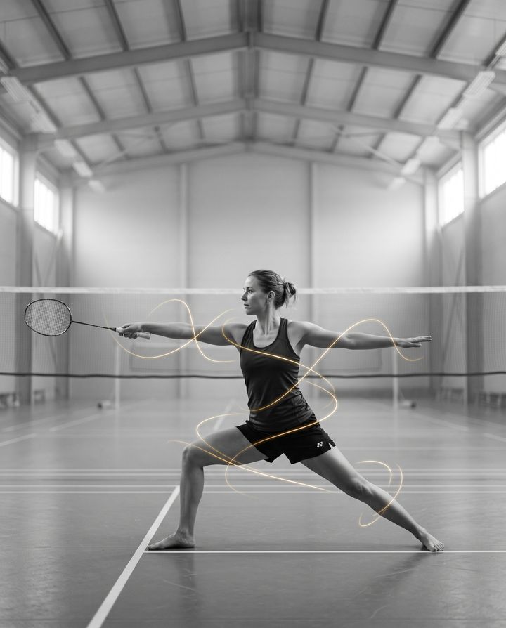 Badmintonspiller i krigerstilling med ketcher