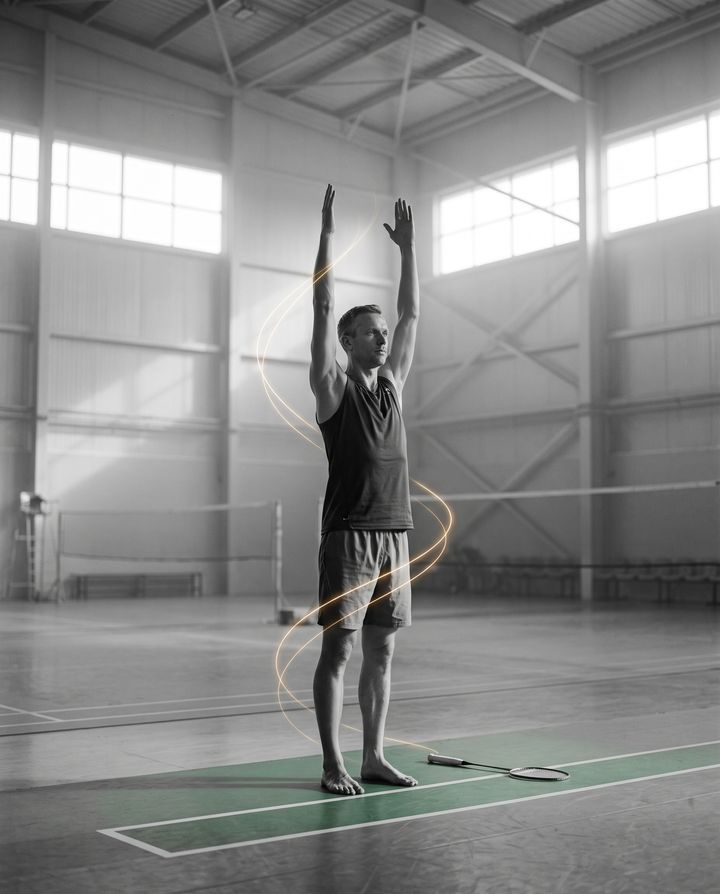 Badmintonspiller i solhilsen på banen